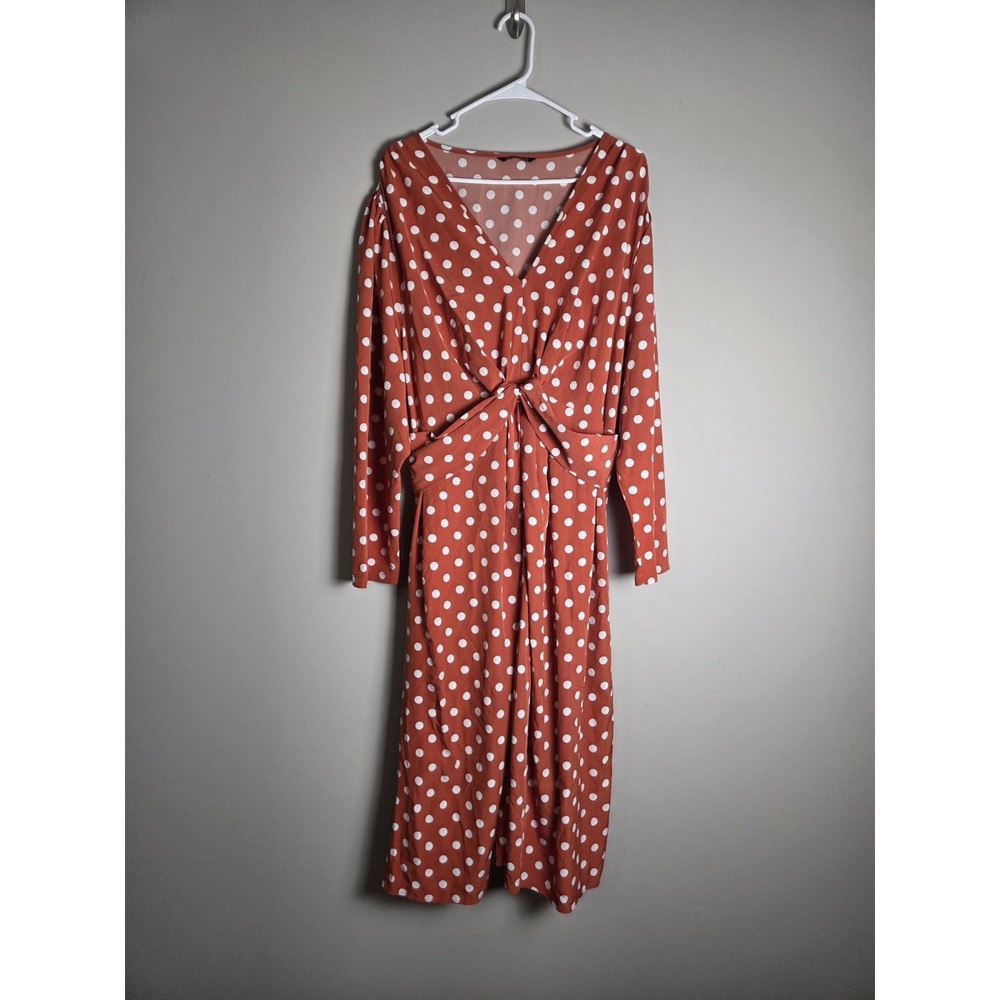BloomChic Womens 22-24 Rust Terracotta Polka Dot Front Knot Belted Midi Dress